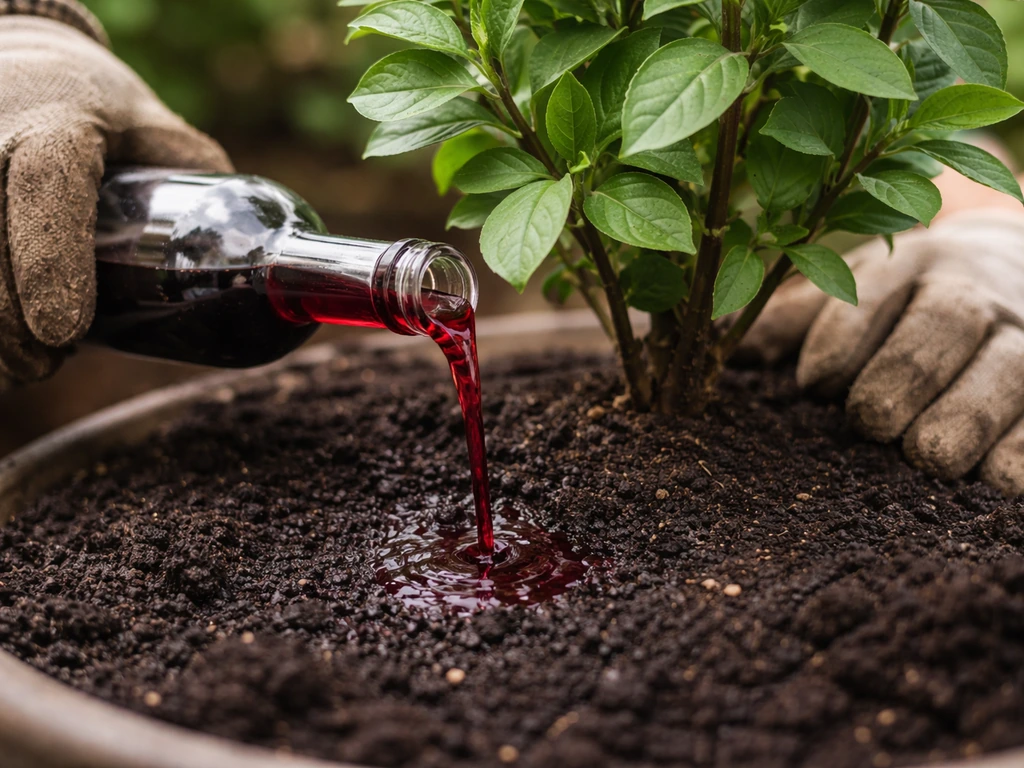 Gardener pours leftover red wine onto soil by a potted plant, gloved hand close for careful handling.