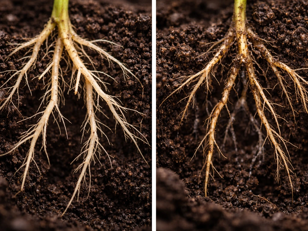 Split image showing healthy vs ethanol-damaged plant roots in soil, with visible root stress and reduced water uptake.