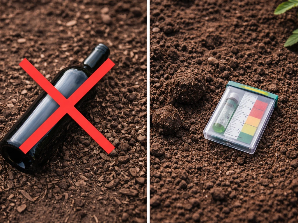 Wine bottle beside soil with a red X, contrasted with a soil pH kit and healthy garden soil.