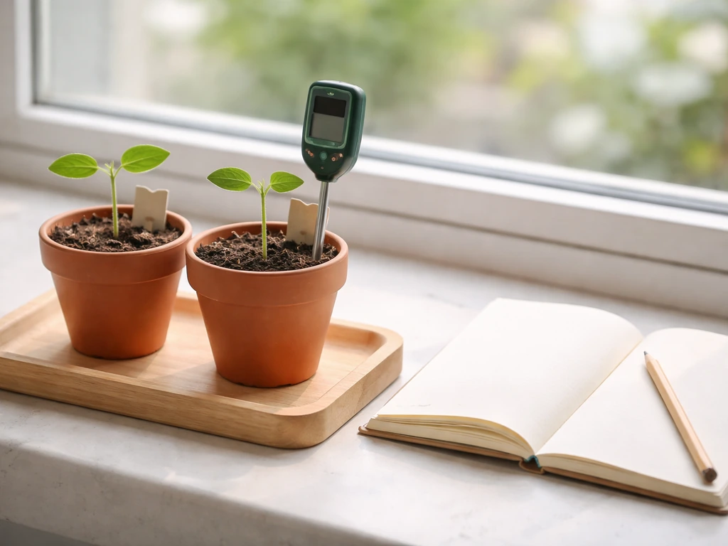 Two identical potted seedlings on a tray with a notebook and a soil moisture probe in view.