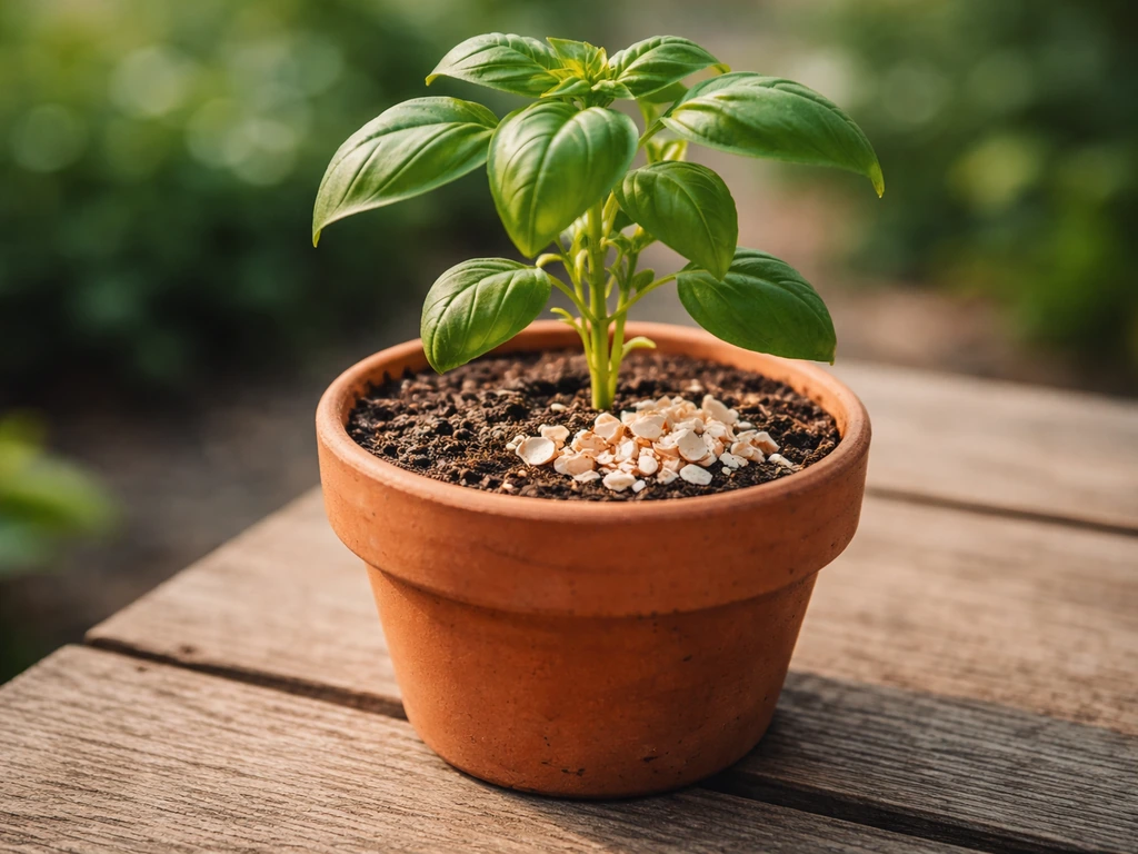 Healthy potted plant with crushed eggshells in a small pile near the soil surface.