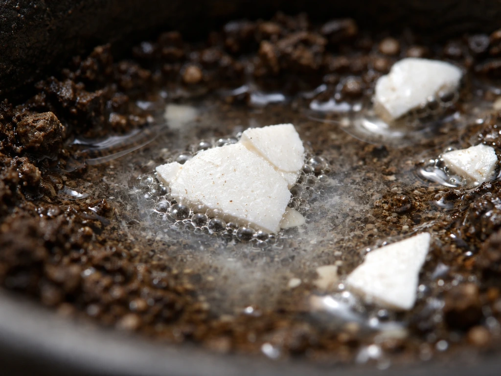 Macroscopic view of eggshell fragments dissolving in clear soil moisture with tiny bubbles and mineral residue