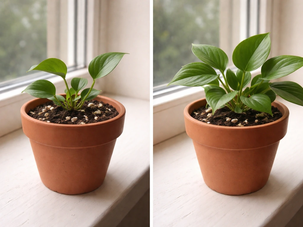 Side-by-side staged potted plant showing early modest growth vs later greener growth with crushed eggshells.