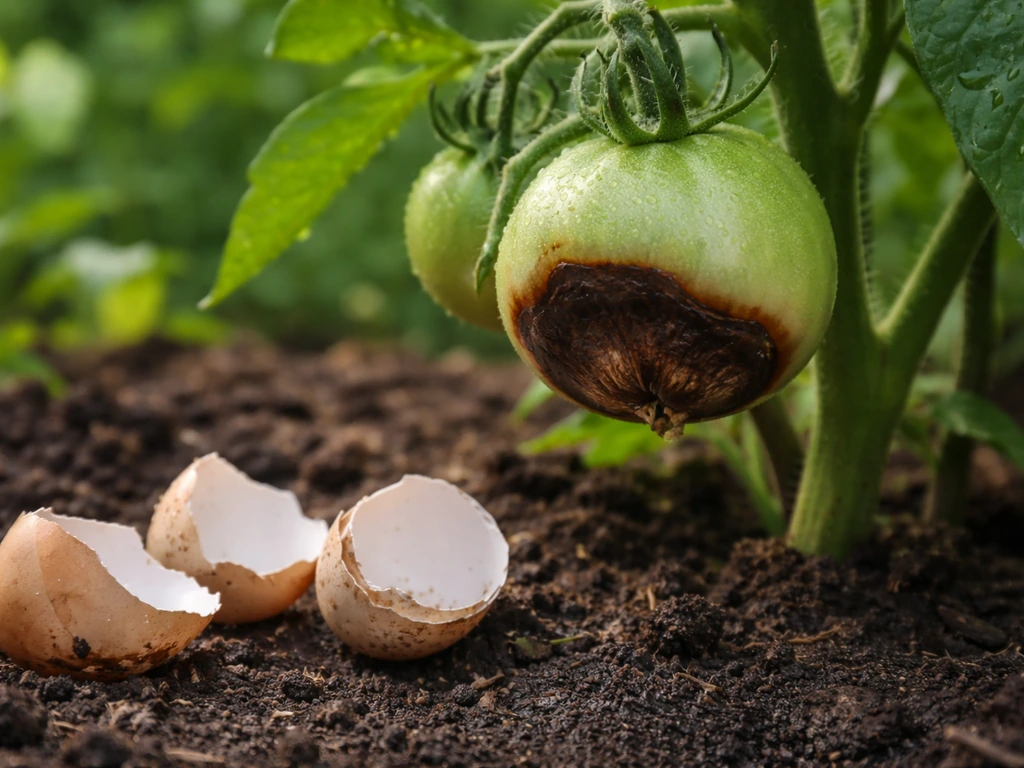 Close-up of a tomato plant with blossom-end rot lesions beside a few eggshell fragments on soil.