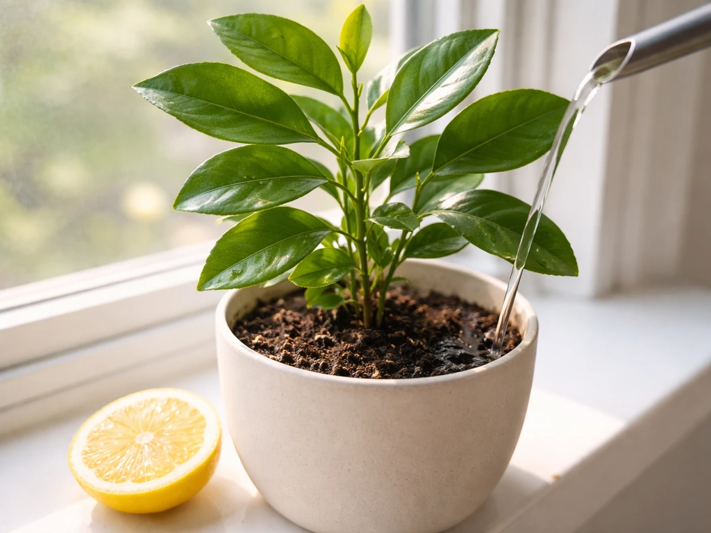 Sunlit lemon plant watered near the base, with a lemon slice on the windowsill beside the watering setup.