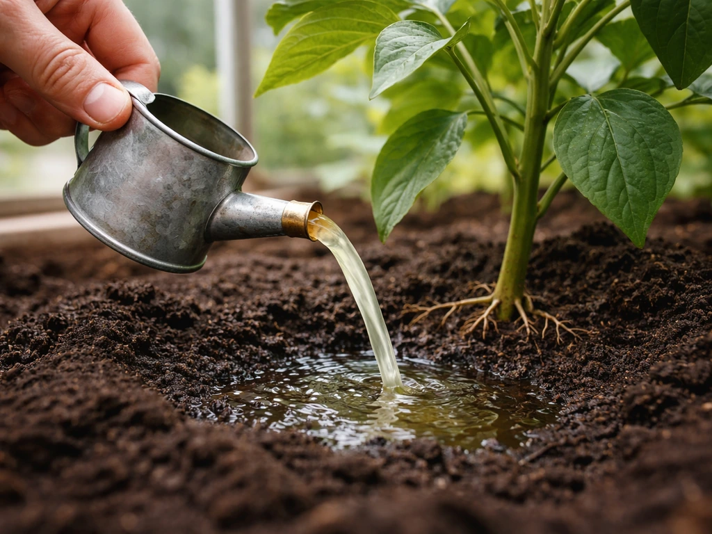 Hand pours diluted lemon solution into soil at a plant’s base near a watering can.