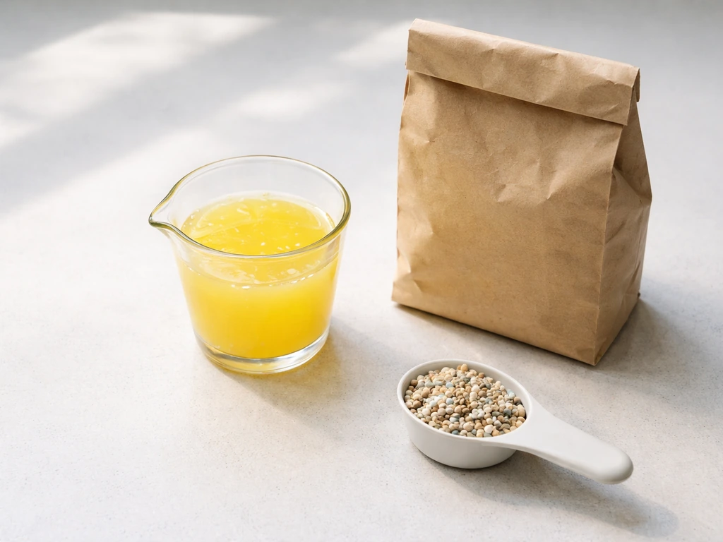 Top-down view of lemon juice in a cup next to fertilizer bag and a scoop of granules.
