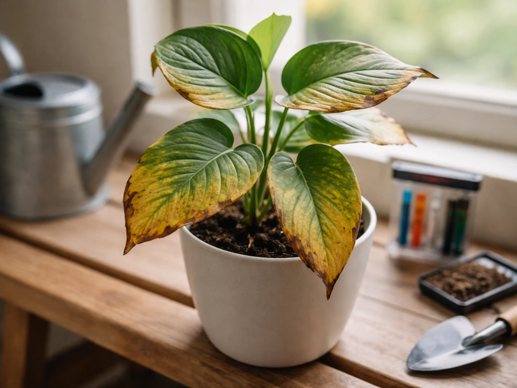Close-up of a potted plant leaf with yellowing veins and scorched edges beside a watering can and soil test kit.