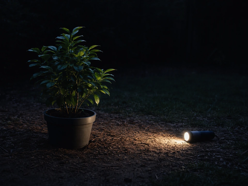 Night garden plant lit by dim moonlight with a faint nearby light source showing lux is extremely low