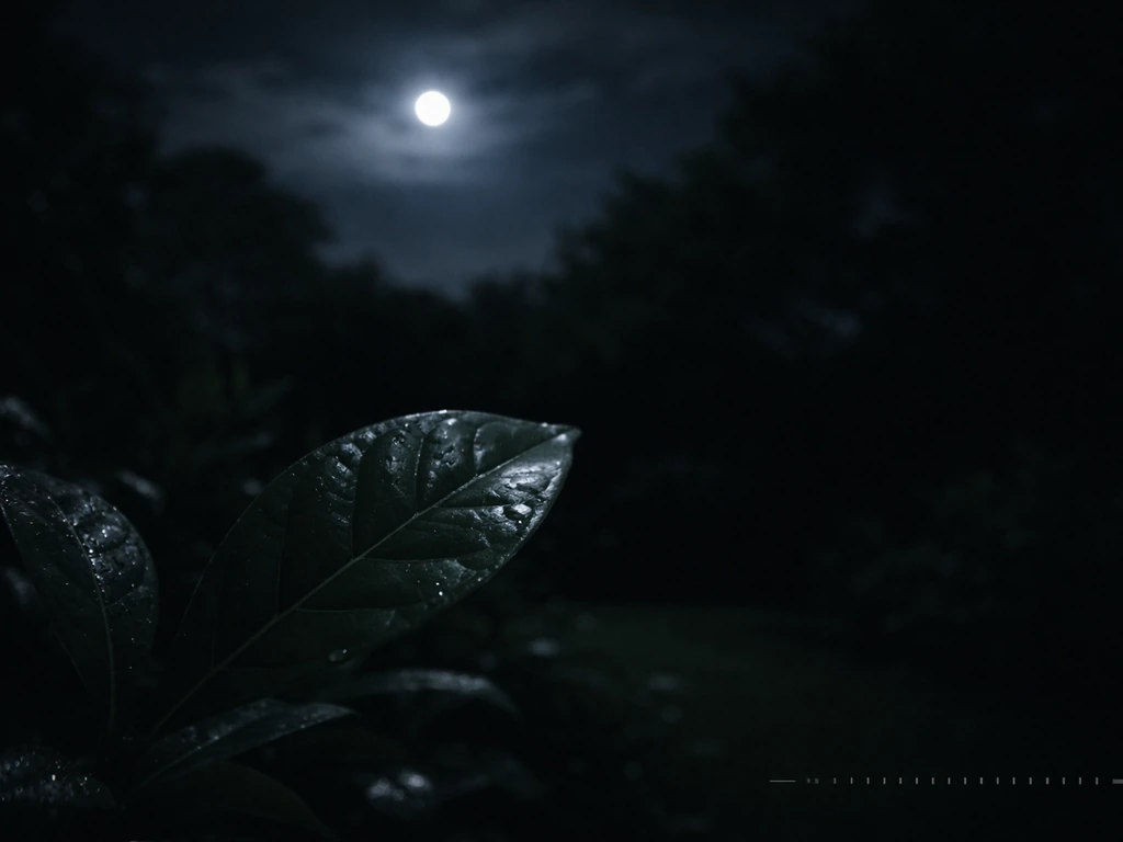 Dim full-moon light reflecting on a garden leaf at night, showing gentle illumination scale.