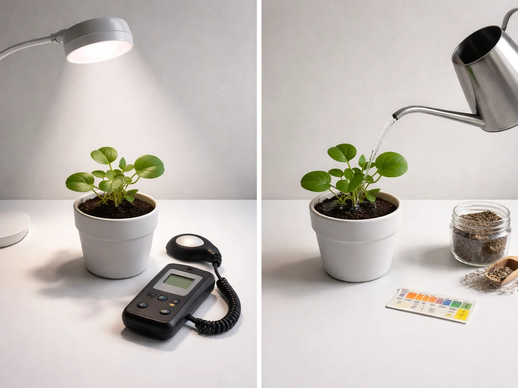 Minimal indoor garden setup showing a light meter, watering can, soil moisture, and nutrients tools