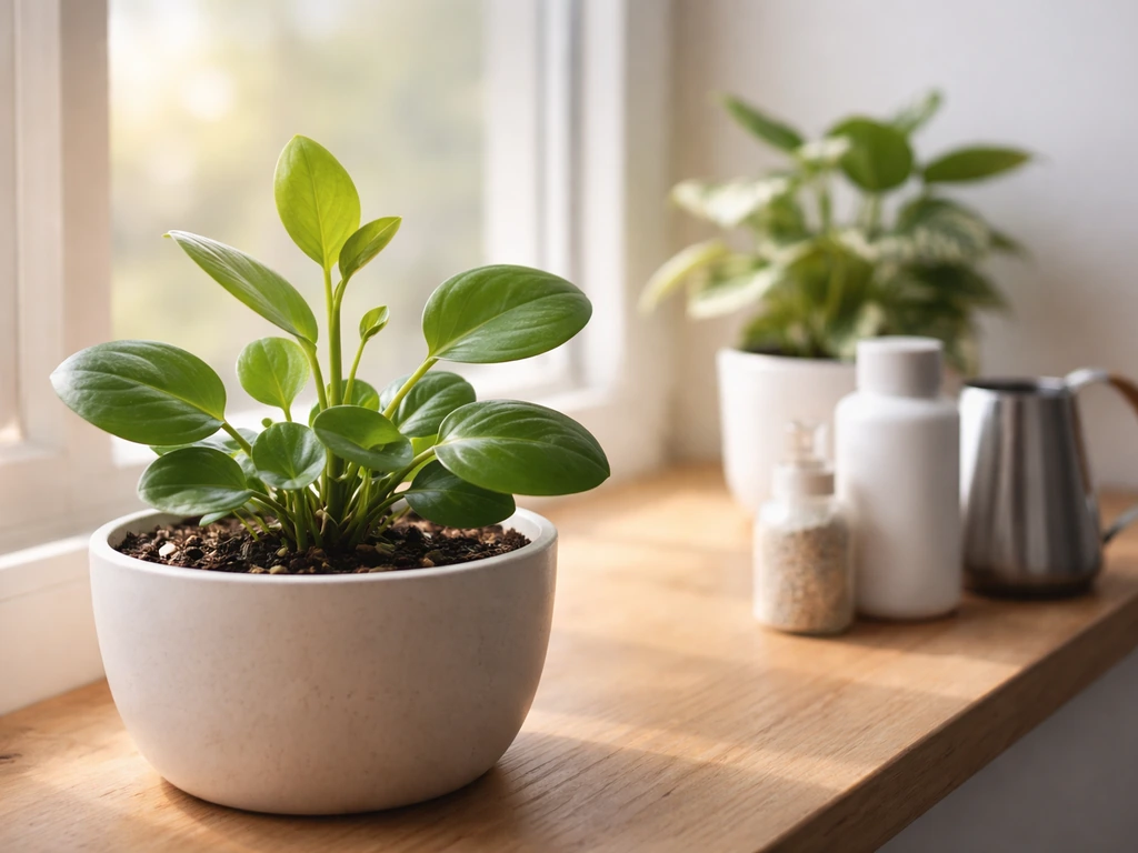 Closeup of healthy houseplants with new leaves under natural light, watering can and fertilizer nearby