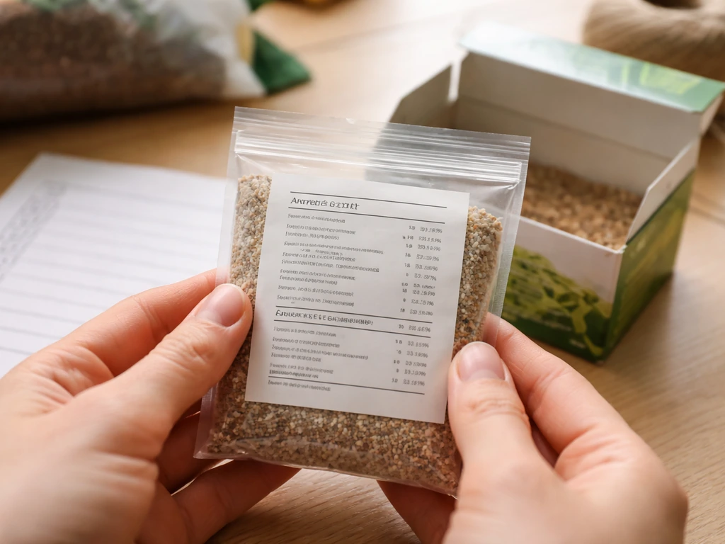 Close-up of a plant-growth product label and a blank checklist on a table with hands comparing ingredients.