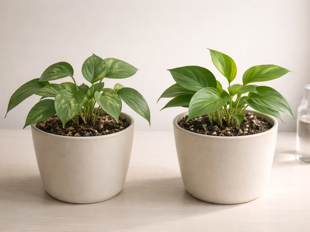 Two similar potted plants side-by-side, one recovering with new growth after fertilizer while the other stays dull.