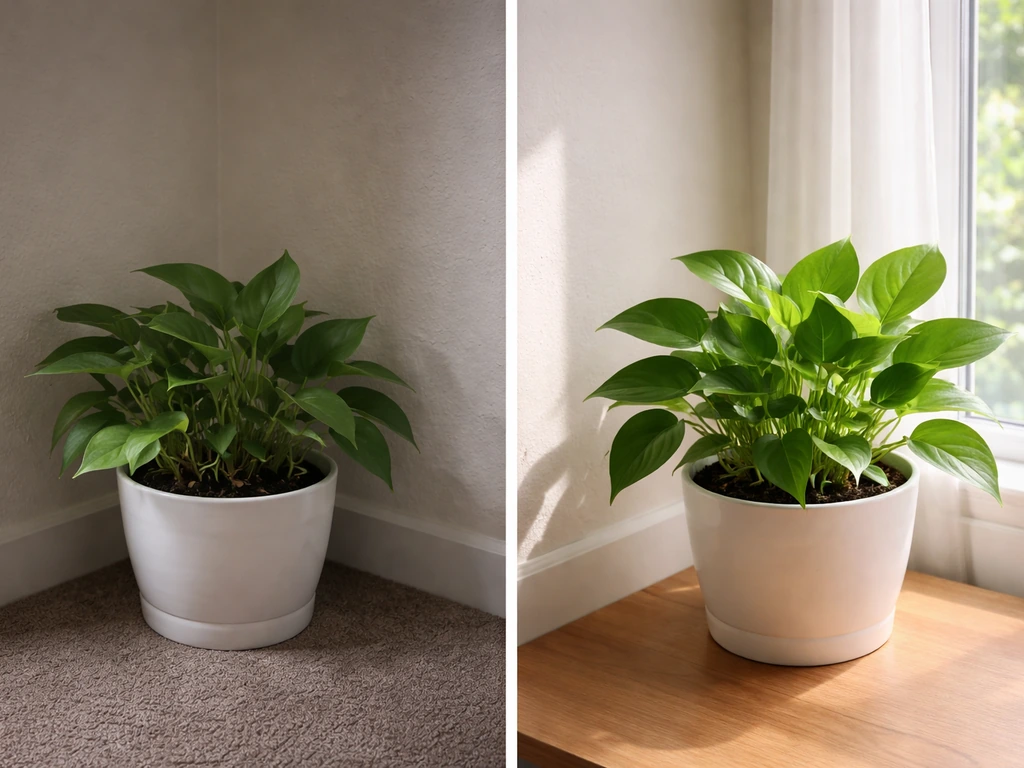 Same potted plant in dim vs bright spots, showing stunting in low light and healthier growth near a window.