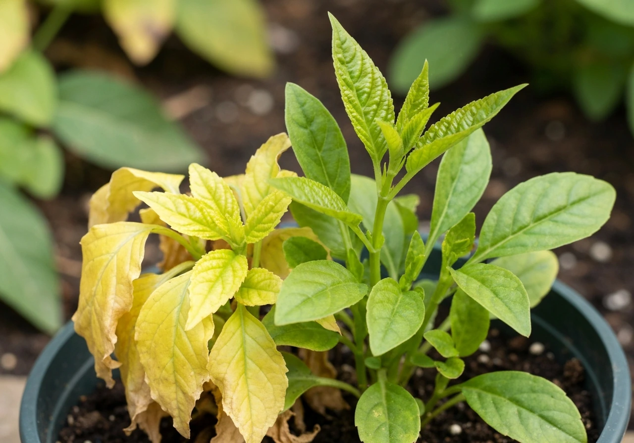 Close-up of a potted plant showing yellow older leaves and vivid green new growth indicating nitrogen effects.