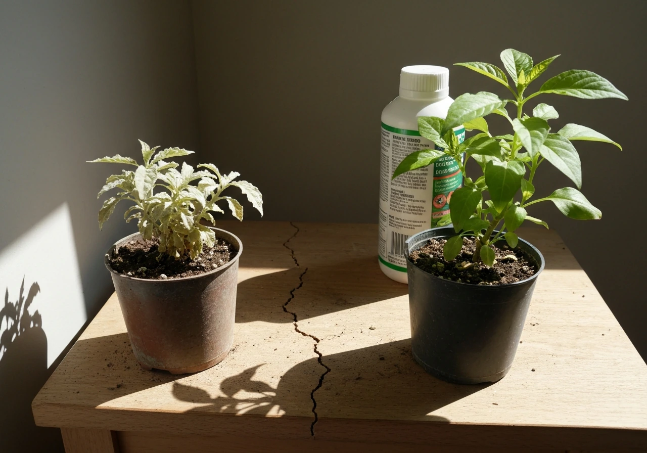Two potted plants side-by-side: one in a dark corner with stunted growth, one in bright light; dry soil and a fertilizer