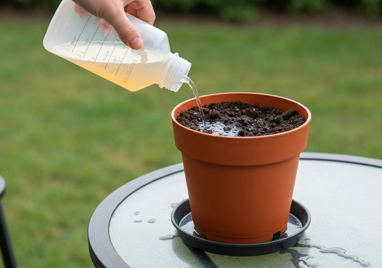 Close-up of fertilizer solution being poured into a potted plant, soil darkening with controlled runoff.