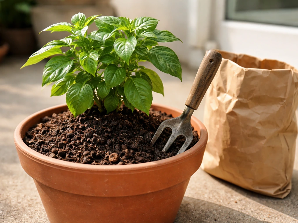 Bright potted garden plant in enriched soil with a gardening fork and compost nearby