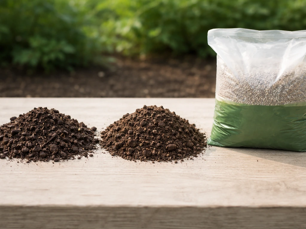 Closeup side-by-side compost, well-rotted manure, and a bag of balanced fertilizer in a simple outdoor setting.