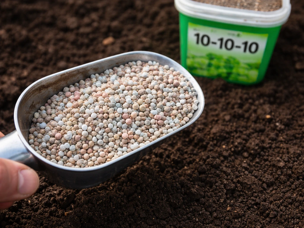 Top-down view of fertilizer granules being measured with a container showing an N-P-K ratio.