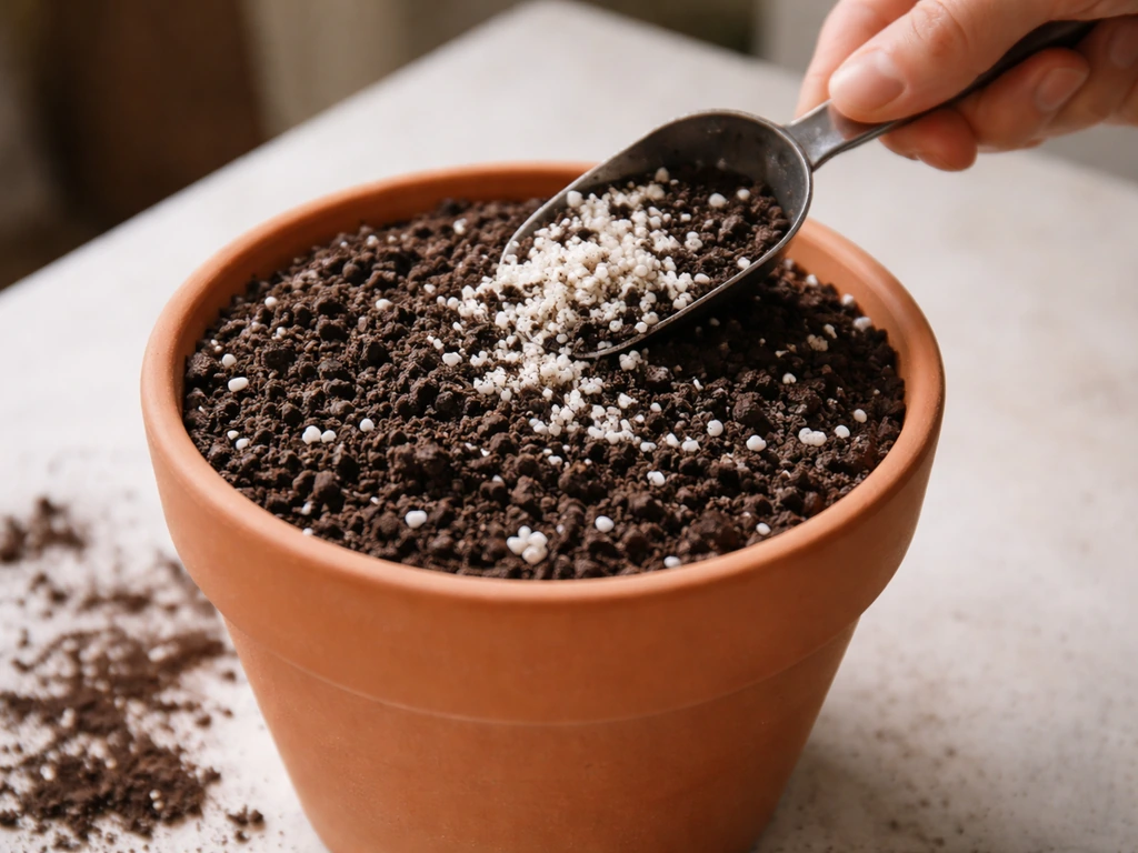 Hand tucking perlite into a potted plant’s heavy soil mix to improve aeration and porosity.