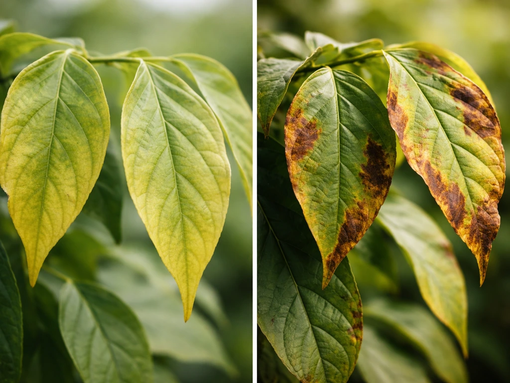 Left shows pale yellow older leaves; right shows brown scorched leaf edges from over-feeding.