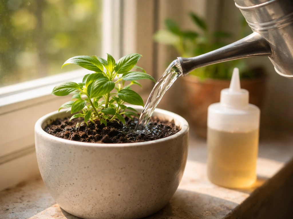 Small potted plant being watered beside fertilizer squeeze bottle near a sunlit window.