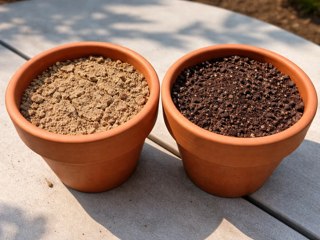 Two pots side by side showing dry sandy soil versus moister clay/loam soil surface.