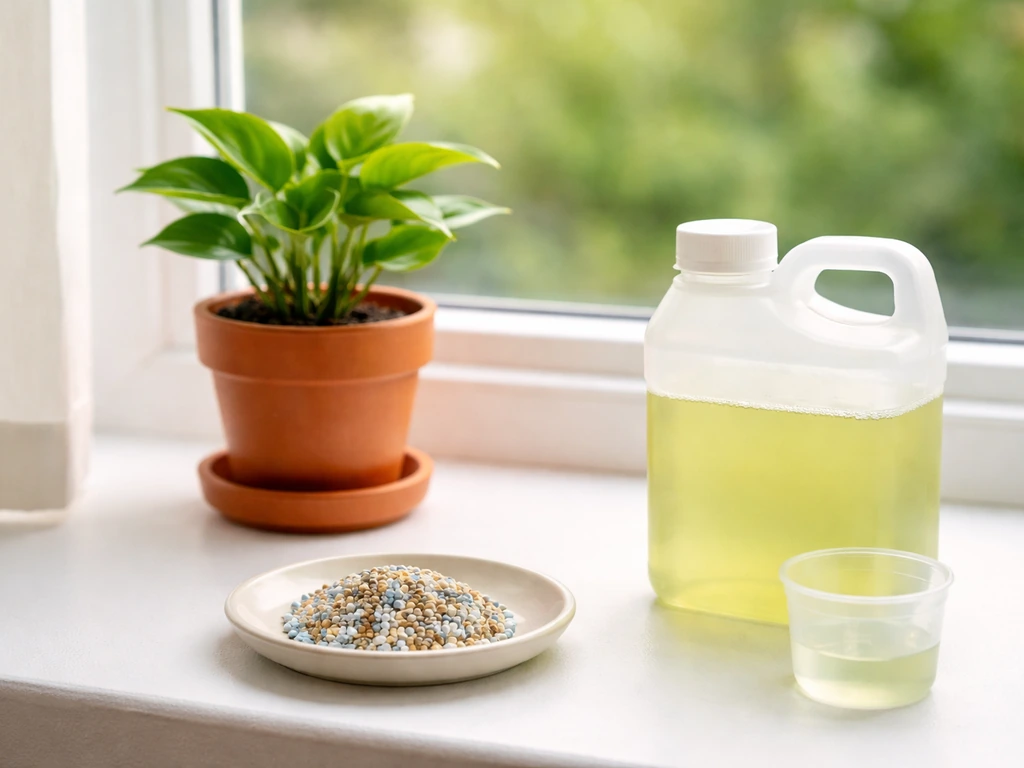 Leafy plant beside slow-release fertilizer granules and a diluted liquid fertilizer jug, showing feeding frequency meani