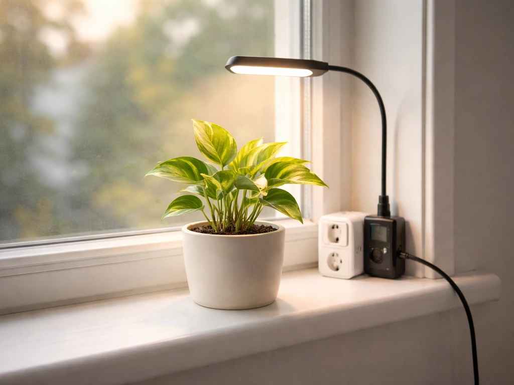 A small potted plant under a grow light beside a simple timer, with window light shifting softly across the day.