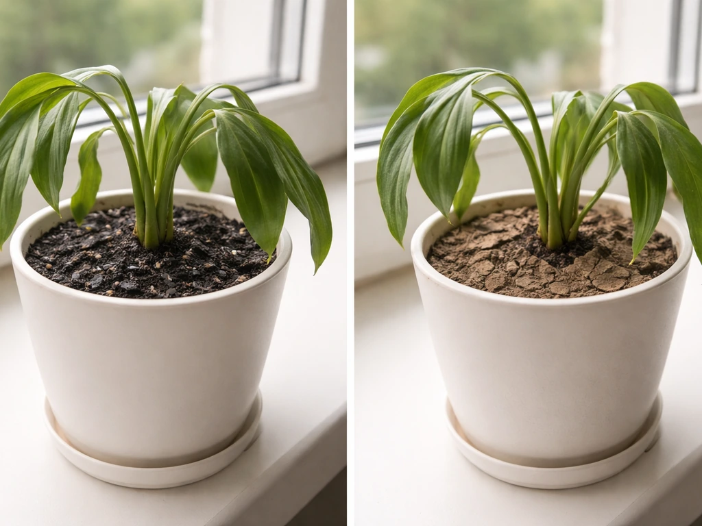 Two matched potted plants showing wilting: one in moist dark soil, one in dry dusty soil.