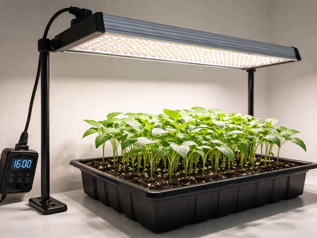 Green seedlings under an adjustable LED grow light with a visible digital timer set for long daily lighting.