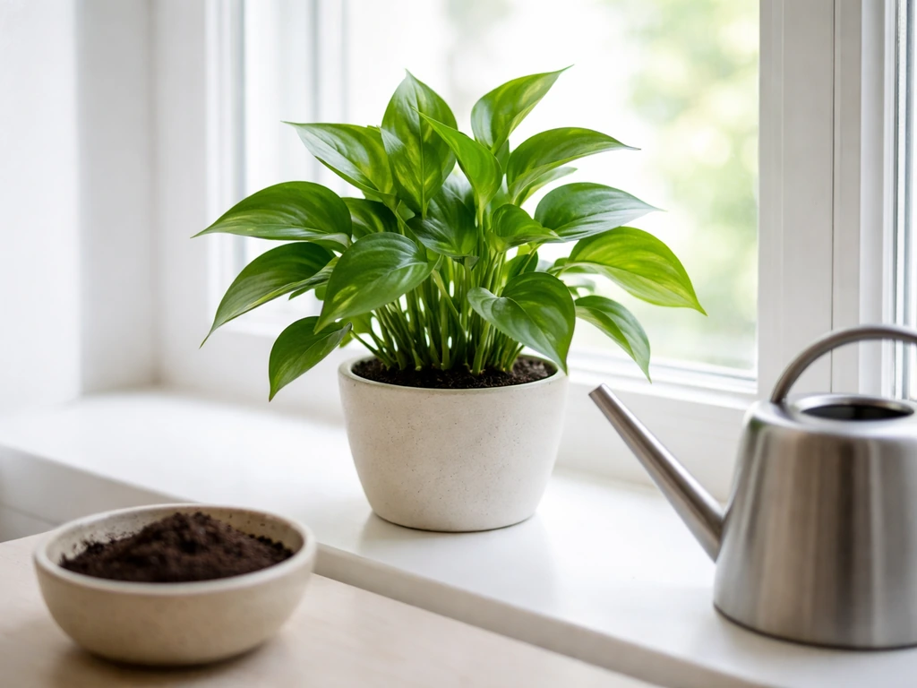 Indoor potted plant on a windowsill with a small bowl of coffee grounds and a watering can in front.