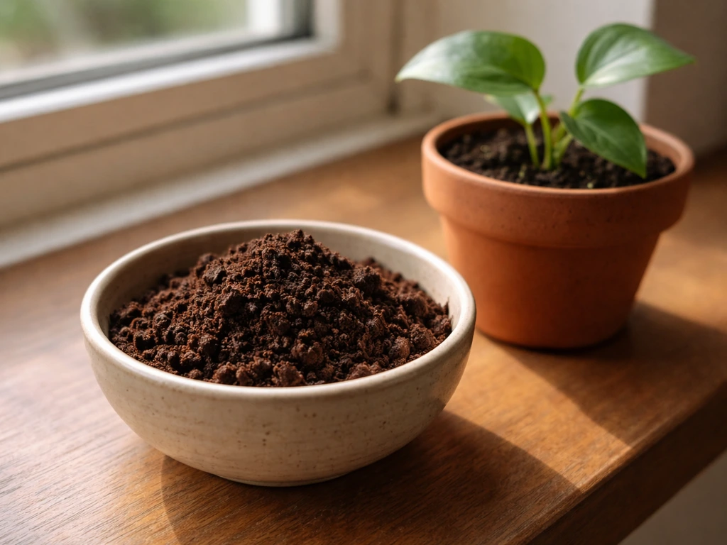 Used coffee grounds in a small bowl beside a tiny indoor terracotta plant pot on a windowsill.