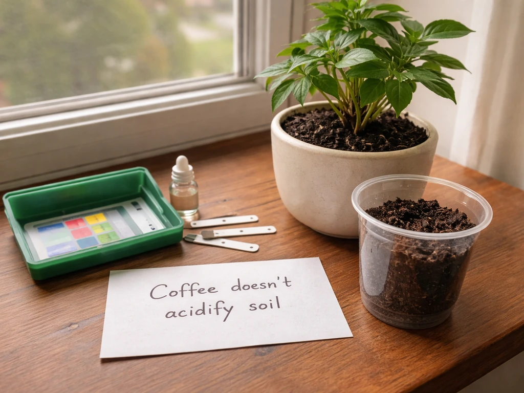 Soil pH test kit and soil sample beside an indoor plant pot on a windowsill.