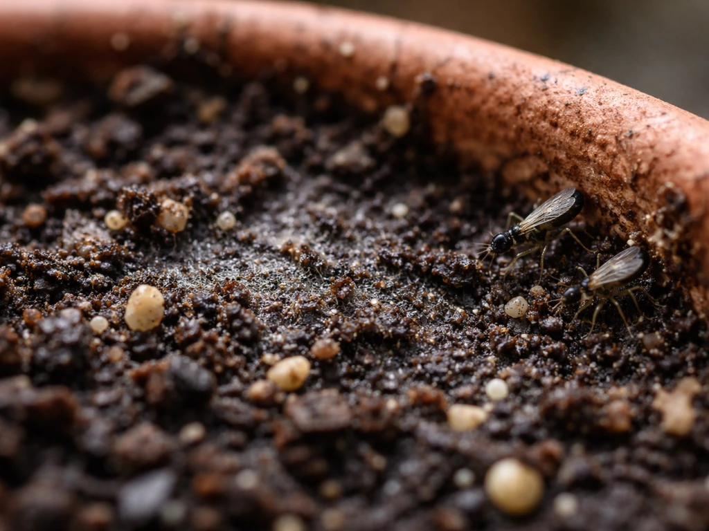Close-up of a plant pot surface with a slight moisture film and tiny fungus gnats emerging.