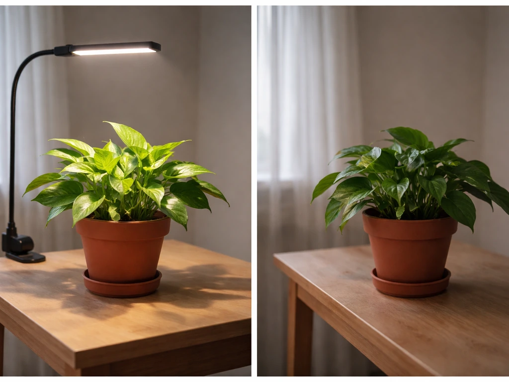 Two similar potted plants, one under a grow light and one in dim light, showing visible difference