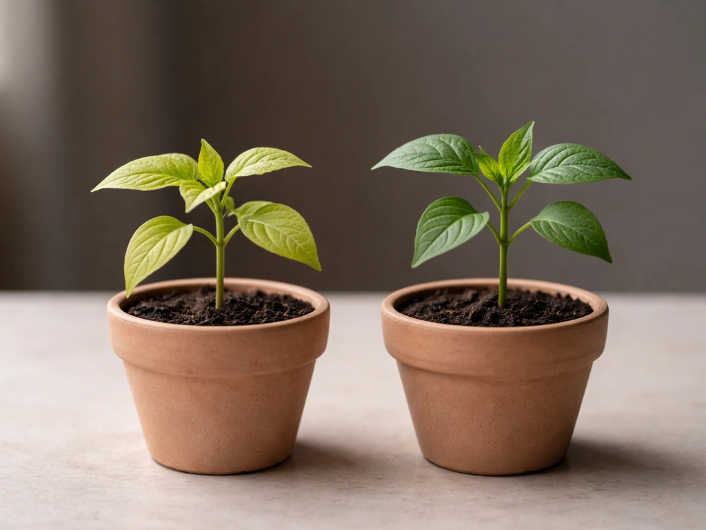 Two small potted seedlings side by side, one pale and one noticeably greener with stronger leaf color.