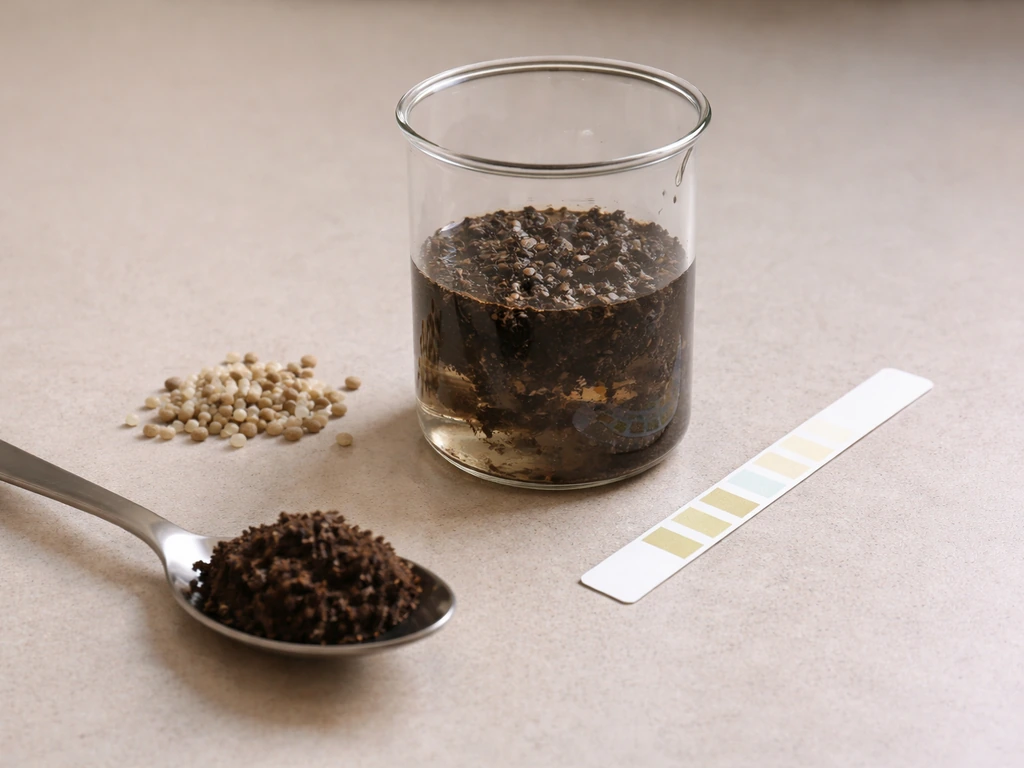 Soil pH strip beside soil sample and fertilizer granules in a clear, minimal close-up setup.