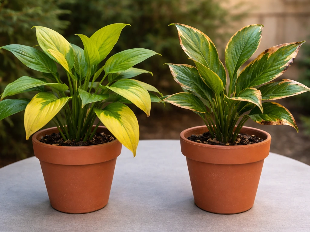 Two potted plants side-by-side: one shows leaf yellowing, the other has brown scorched edges.