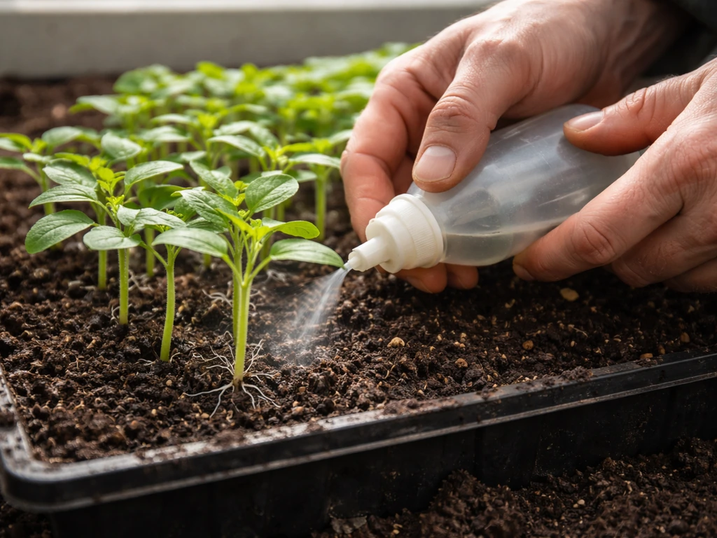 Gardener gently applies spore-based beneficial fungus product to the root zone of small seedlings