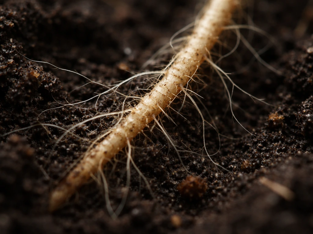 Close-up of fungal hyphae threads interacting with a plant root in moist soil.