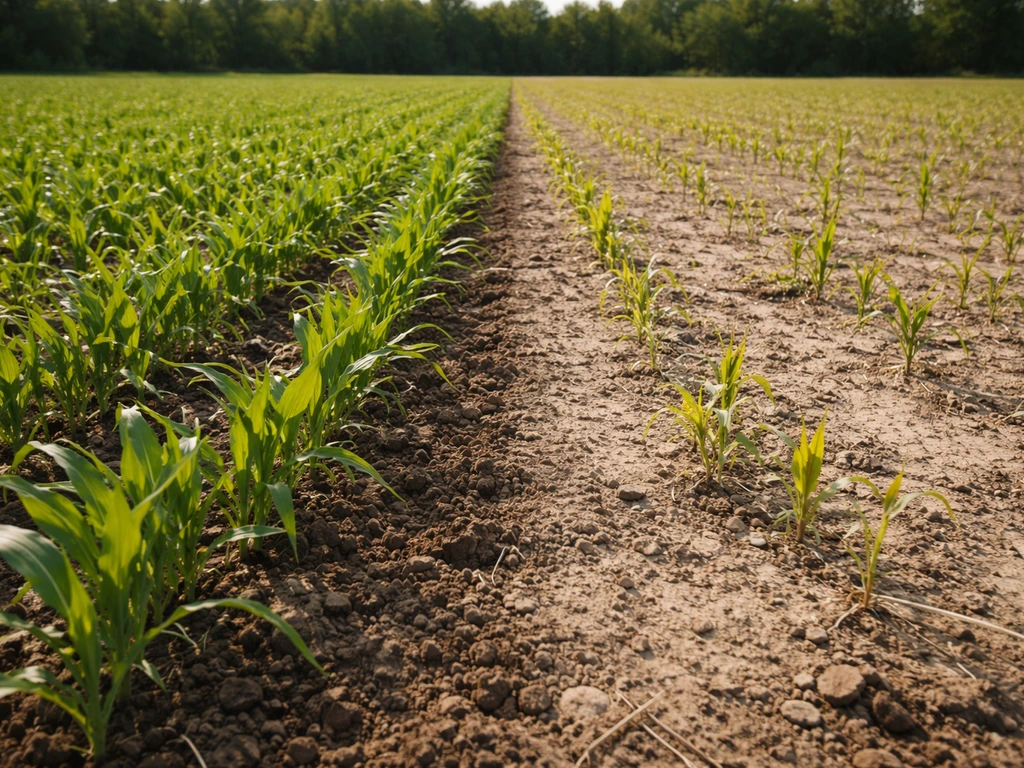 Adjacent field areas: healthy green plants on one side, stunted pale growth on the other.