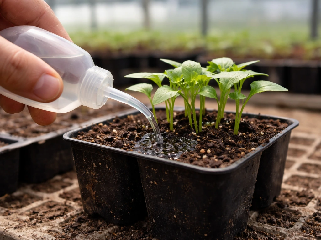 Hand applying a root-zone drench around seedlings in small nursery pots in a greenhouse.