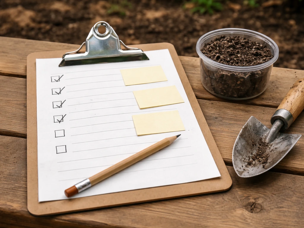 Close-up of a clipboard checklist beside soil sample and trowel on a wooden bench outdoors.