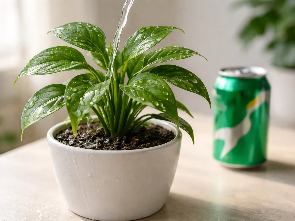 Healthy potted plant being watered with clean water beside an unopened Sprite can.