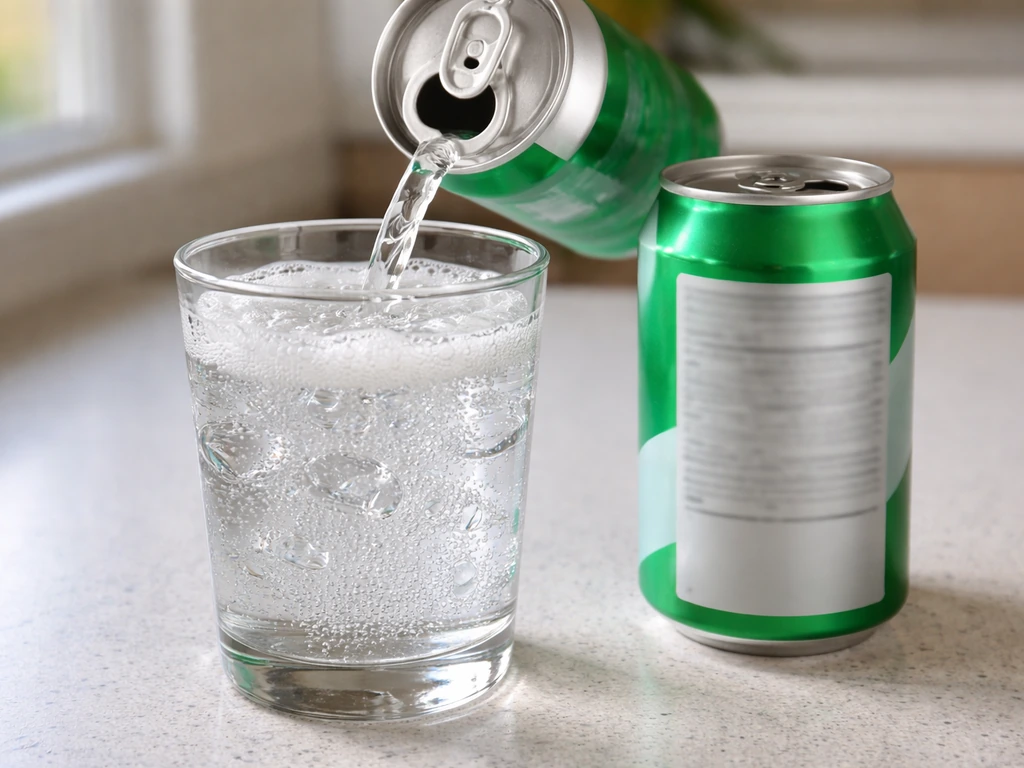 Close-up of Sprite soda pouring into a glass with visible carbonation bubbles on a kitchen counter.