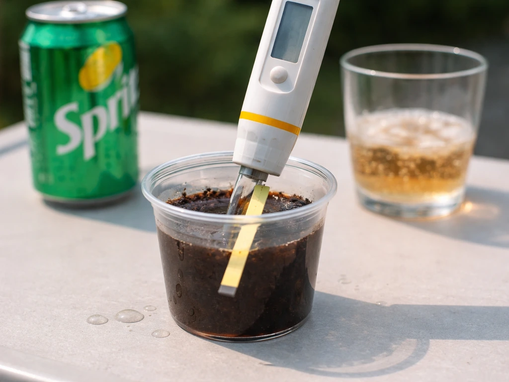 Close-up of a pH probe in soil solution beside a Sprite can, showing acidic testing setup