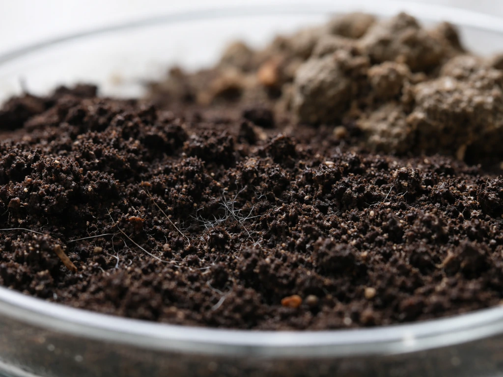 Macro view of two nearby soil samples: healthy crumbly soil with faint fungal strands beside lighter, stressed soil.